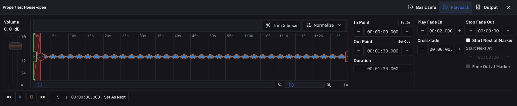 DonWells Cue cue playback editor with waveform, in and out markers, fade controls, and loudness settings