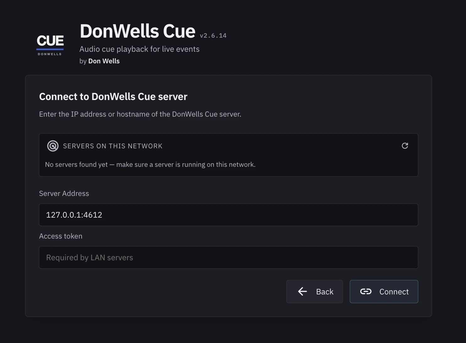 DonWells Cue server connection settings with host, port, and access token fields